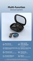An open charging case reveals the choice HYUNDAI HY-Y16 AI translator OWS Wireless Bluetooth v5.4 earphones by HeadphoneHeat. The accompanying text instructions detail controls for playing or pausing music, skipping tracks, adjusting volume, and more through simple ear taps. These headphones also feature a voice assistant and call management functions, all powered by advanced Bluetooth v5.4 technology.