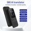 Two black Dropshipman S80 Language AI Translator Devices sit on a white stand, showcasing real-time and offline translation, simultaneous interpretation, group translation, smart recording, and language learning features.