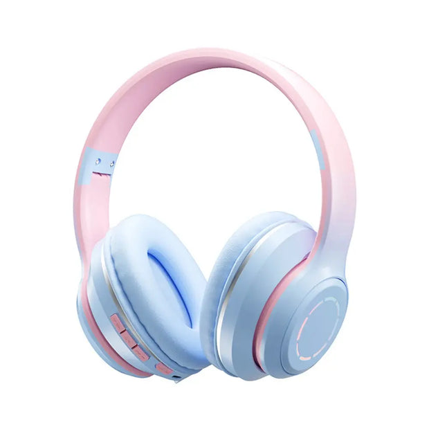 The HeadphoneHeat Wireless HiMISS HiFi Stereo Over Ear Headphones feature a pink headband with blue accents, blue ear cups with circular light detailing, and light blue ear cushions. Enjoy wireless ease with integrated Bluetooth control buttons on the left ear cup.