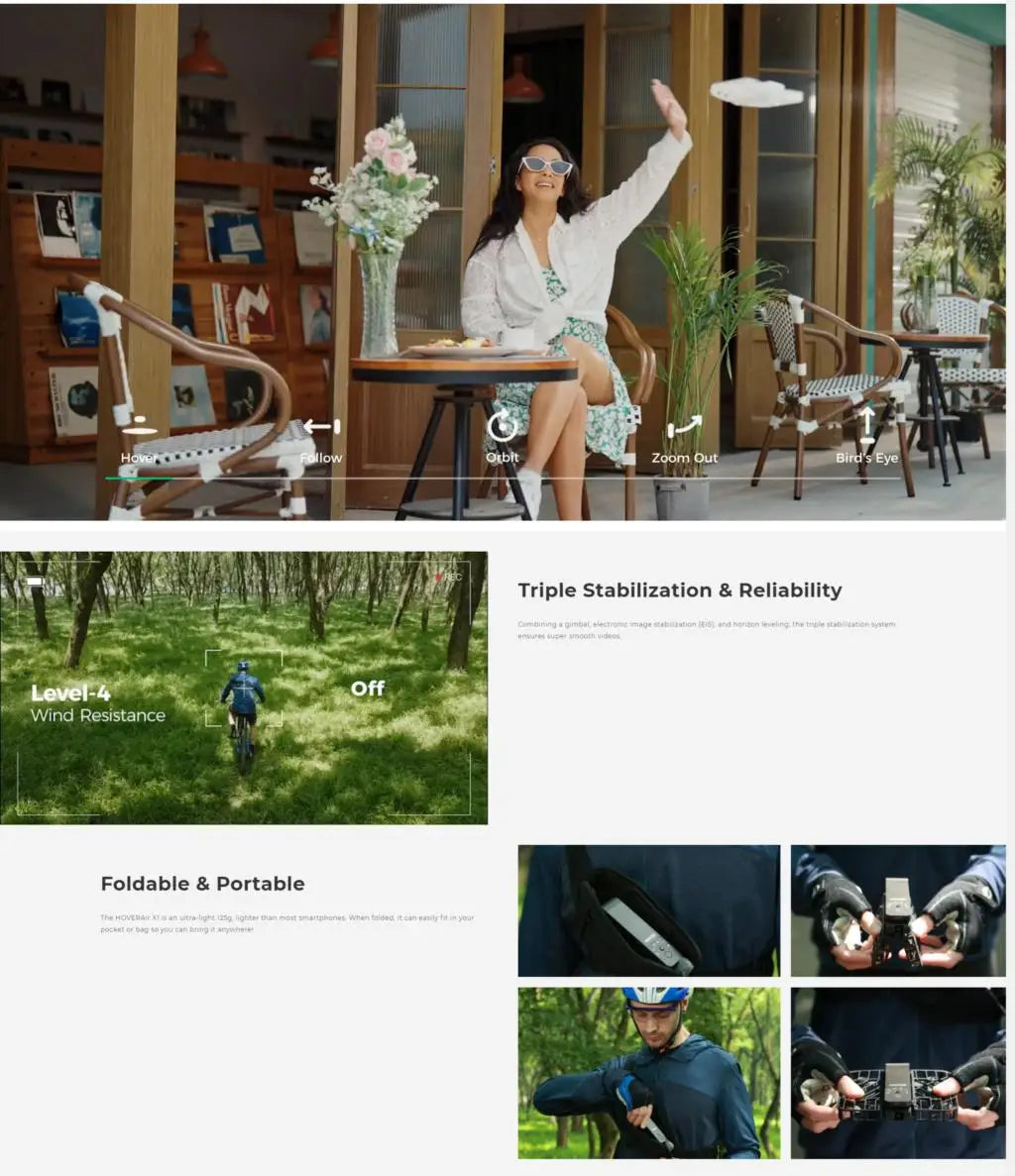 A woman launches the Dropshipman Hover Air X1 Pro 4K drone from a cafe table. Below, a man operates this portable, foldable drone in a forest—showcasing its stabilization and wind resistance with follow-me mode.