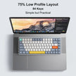 A laptop showcases the HeadphoneHeat Wireless Mechanical Keyboard, a Bluetooth wireless device with an 84-key low-profile layout and vibrant keycaps. The screen displays a scenic desktop wallpaper, complemented by text saying, 