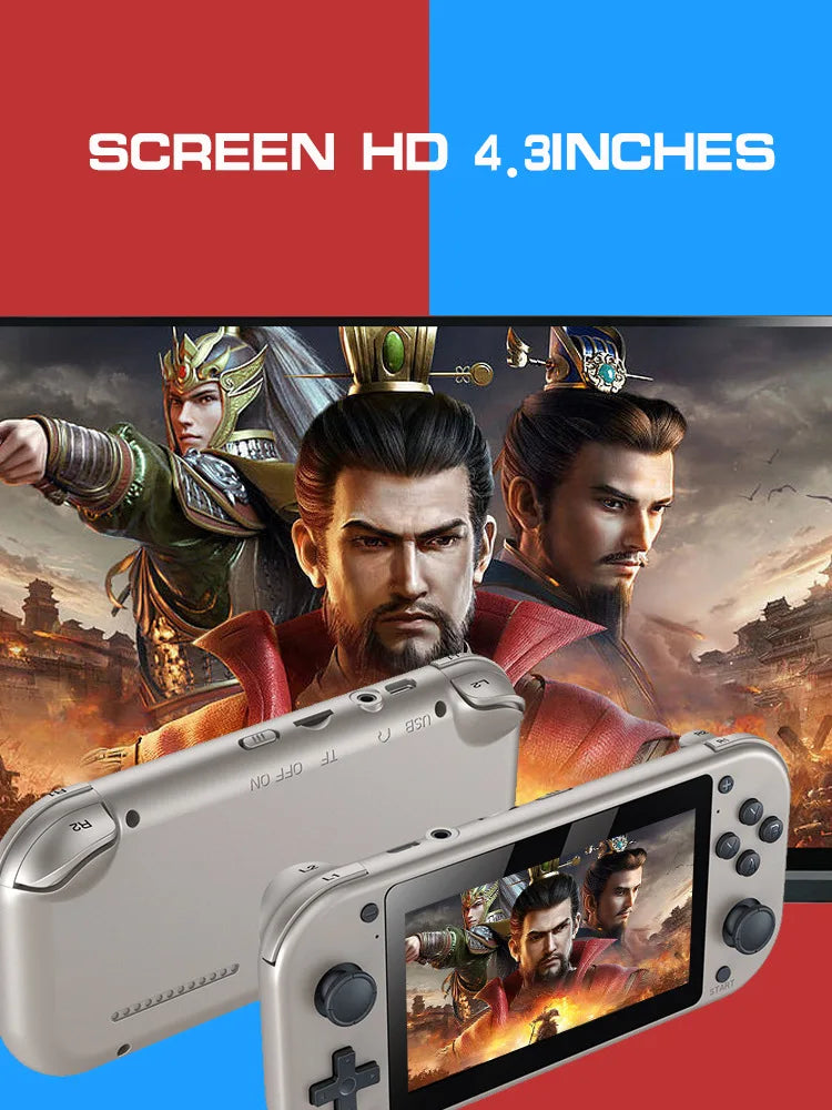 An advertisement displays the HeadphoneHeat HRUEDA M17 Handheld Portable Game Console Linux PSP/N64 with a 4.3-inch HD screen. The console showcases a historical game with warrior characters in traditional attire. In the background, the same game appears on a larger screen. Text reads 