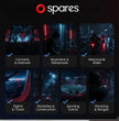 A dark-themed infographic for Spares: High Fidelity Ear Plugs shows six uses—Concerts, Musicians, Motorcycle Rides, Flights, Worksites, Sports & Shooting—highlighting the benefits of reusable hearing protection with clear sound.