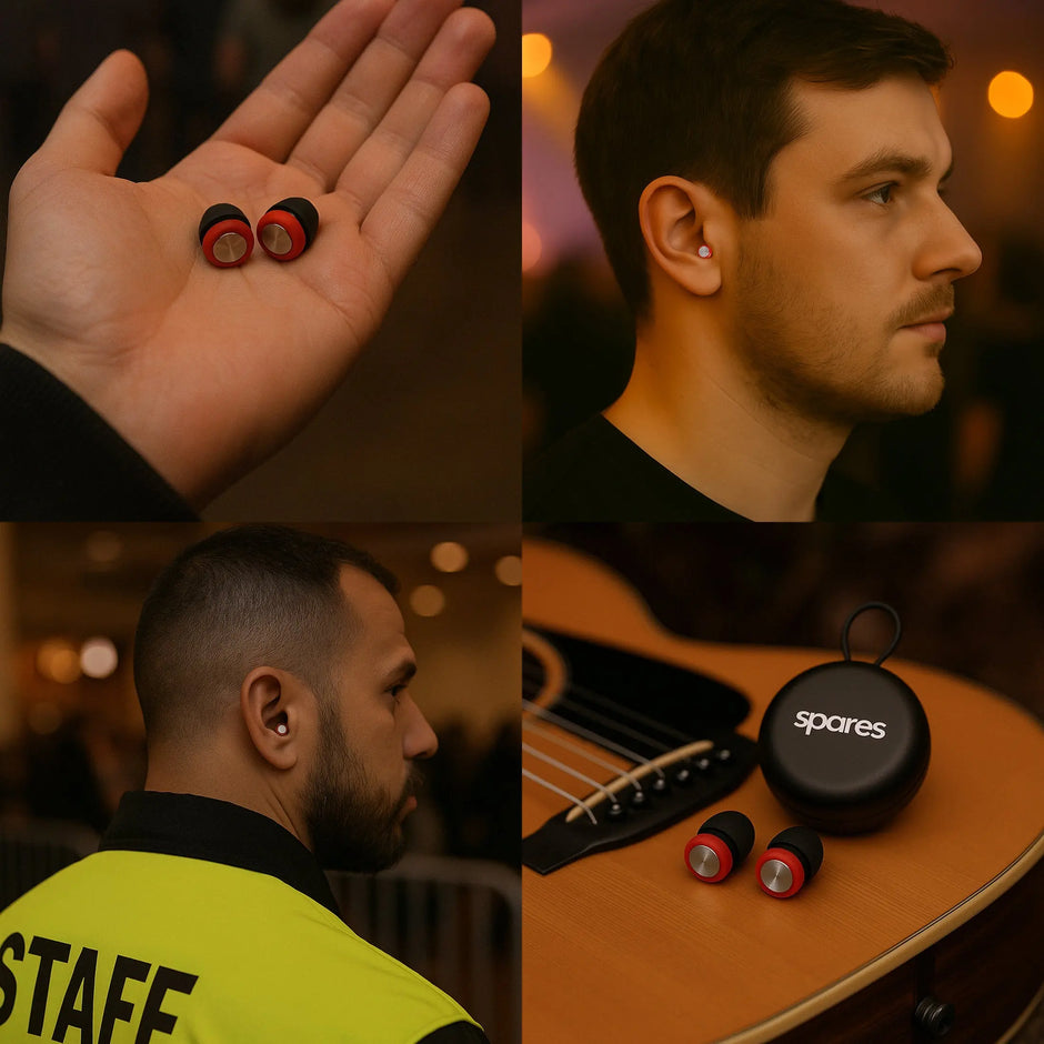 A collage shows Spares: High Fidelity Ear Plugs—reusable earplugs in hand, worn by men, and beside a guitar with their case—emphasizing 30dB sound reduction and clear hearing protection from the High Fidelity Earplugs line.