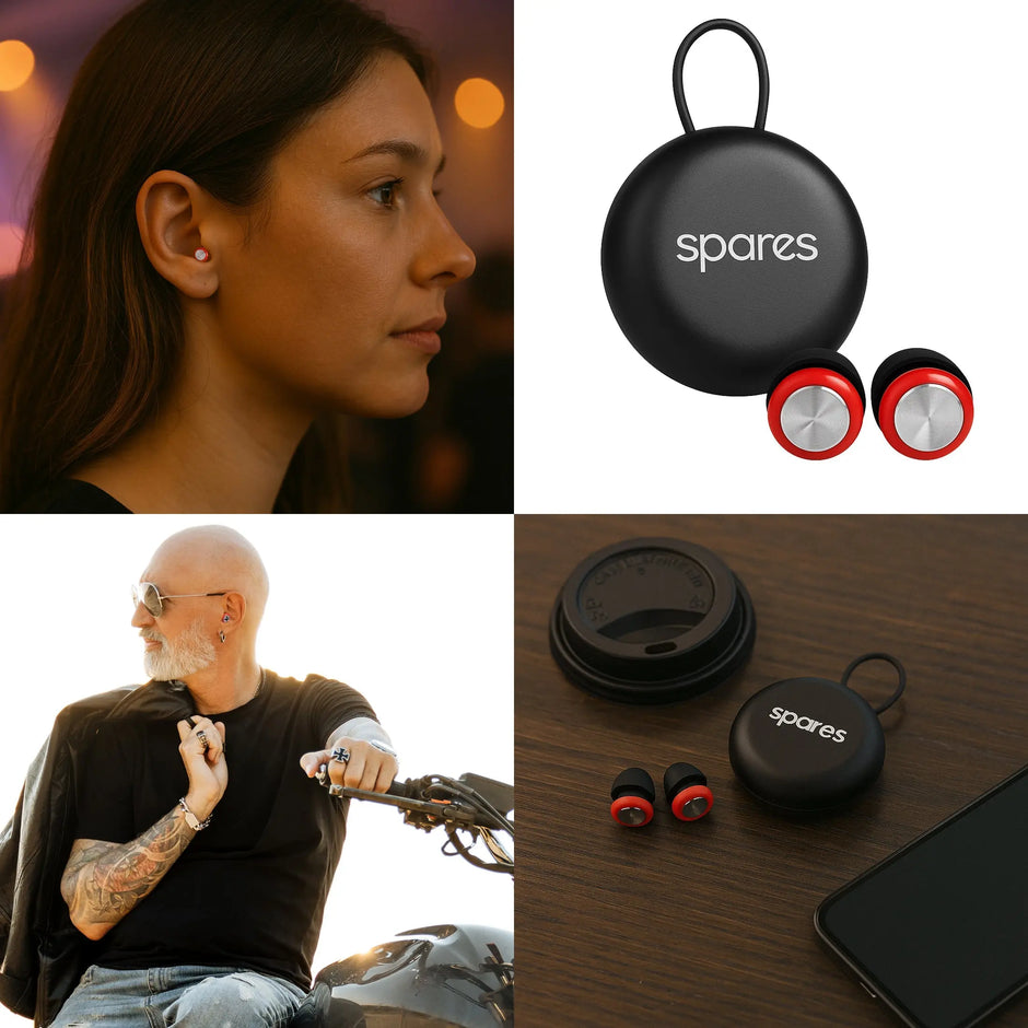 A collage features people using Spares: High Fidelity Ear Plugs—reusable hearing protection with clear sound—in red and black, the earbuds’ black case labeled “spares,” and the case beside a camera lens on a wooden surface.