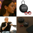 A collage features people using Spares: High Fidelity Ear Plugs—reusable hearing protection with clear sound—in red and black, the earbuds’ black case labeled “spares,” and the case beside a camera lens on a wooden surface.