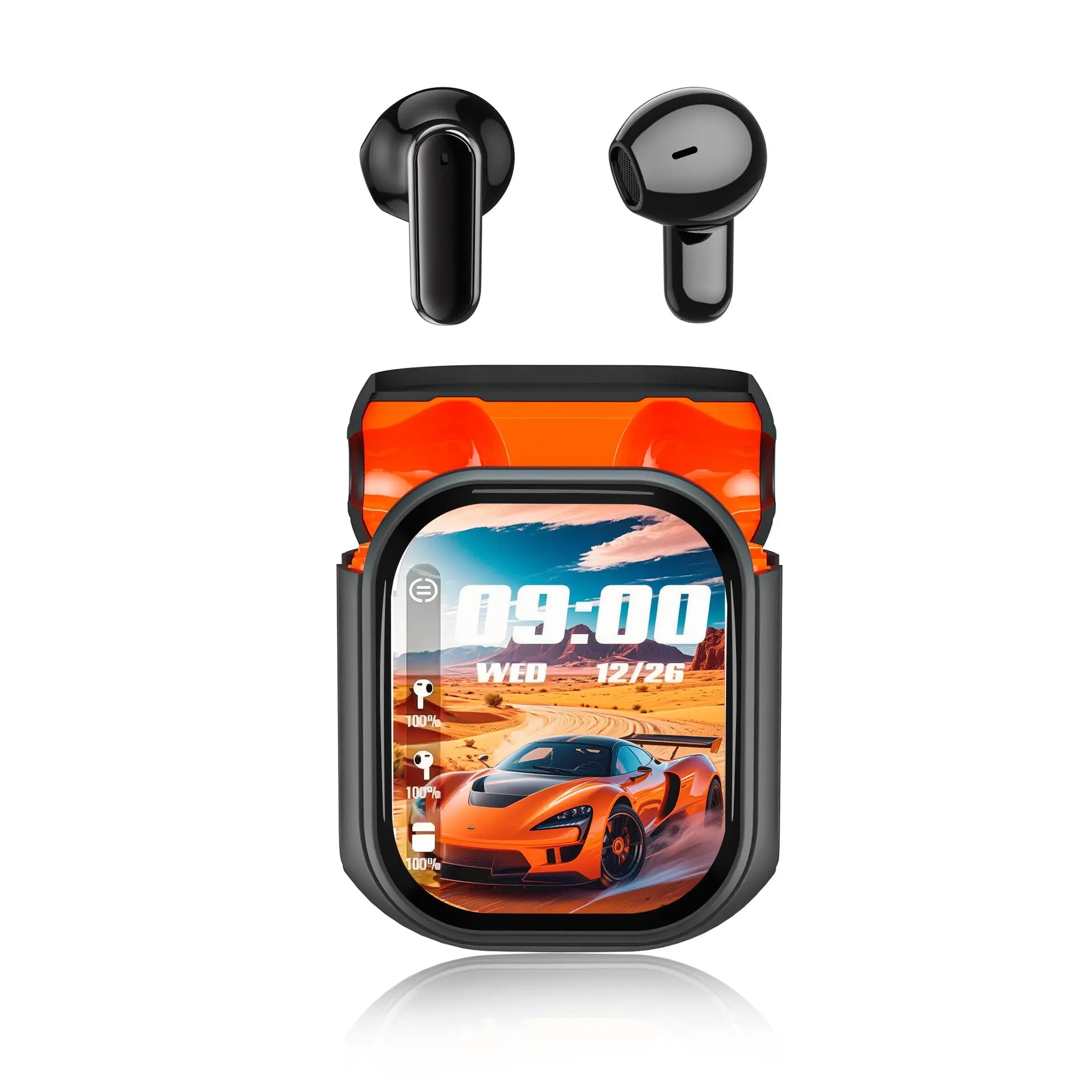 Dropshipman’s HeadphoneHeat True Wireless Bluetooth Earbuds feature a rectangular charging case with an orange interior, digital display for time, date, and battery levels, sports car design, plus 4-mic advanced noise canceling technology.