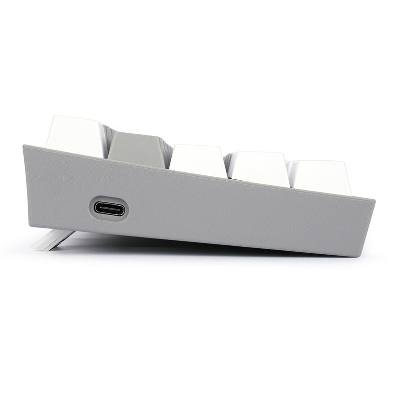 Side view of the Dropshipman Wireless Cyber key Bluetooth 61 Key Mechanical Computer Keyboard, featuring white laser-engraved keycaps, a light gray casing, and a single USB-C port on the side.