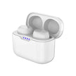 The FLIPSTYLEZLLC Subwoofer Class 7 Waterproof True Wireless Earbuds feature in-ear TWS Bluetooth headphones in white with an open charging case, four blue LED indicators, stereo sound, and multi-point connection.