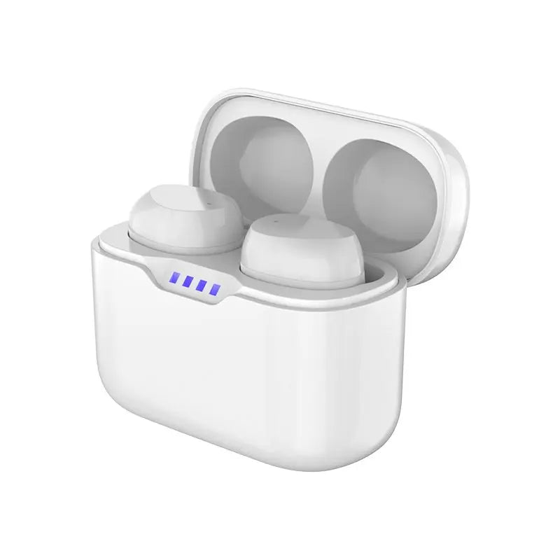 The FLIPSTYLEZLLC Subwoofer Class 7 Waterproof True Wireless Earbuds feature in-ear TWS Bluetooth headphones in white with an open charging case, four blue LED indicators, stereo sound, and multi-point connection.