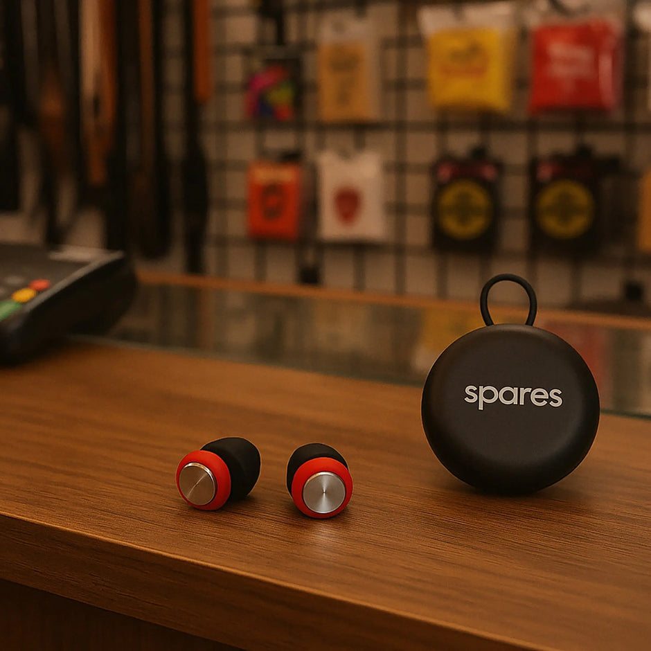 A pair of Spares: High Fidelity Ear Plugs – Reusable Hearing Protection with red and black tips rests on a wooden counter beside a round black case labeled 