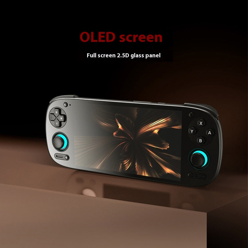 The Dropshipman Retroid Pocket 5 Open Source RP5 Game Console is a handheld retro device featuring an OLED screen, full-screen 2.5D glass panel, directional pad, action buttons, analog sticks with blue LED rings, and shoulder buttons.