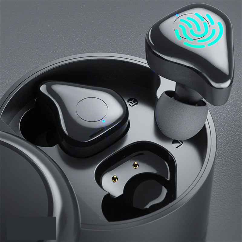 Close-up of Dropshipman’s B20 Bluetooth Speaker Earbud Combo: black wireless earbuds in a charging case, one showing a glowing blue fingerprint for touch control—a compact audio solution beyond standard wireless speakers.