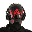 A person wears the Dropshipman Bioweapon Tech Mask, a full-face party helmet with angular red designs and a red biohazard symbol. This futuristic accessory features side attachments and is styled with sleek black clothing.