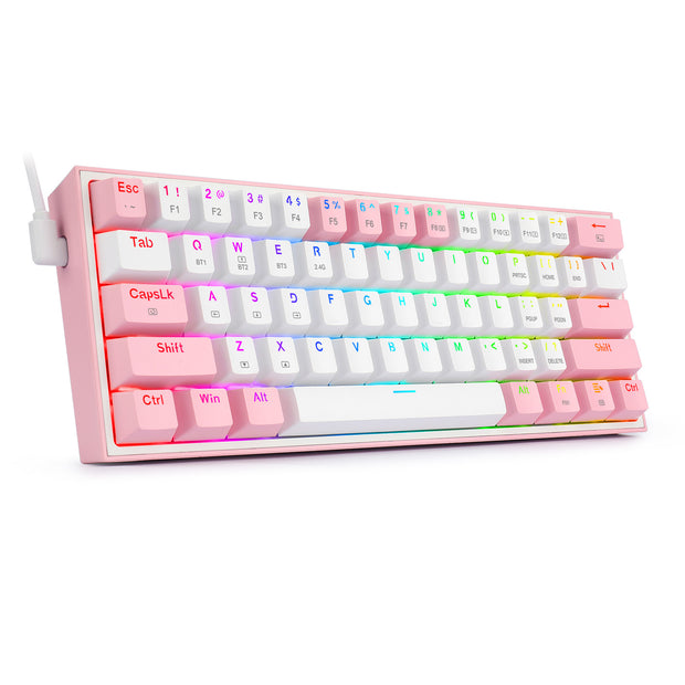 The Dropshipman Cyberkey Bluetooth Mechanical Keyboard features a compact pastel pink design, white keycaps, rainbow RGB backlighting, and a sleek layout with a white USB cable on the top left.