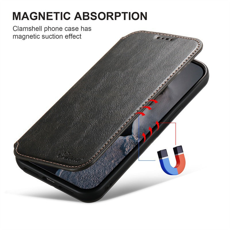 The Dropshipman Phone Case with Card Holster is a black leather clamshell case for smartphones, shown partially open. Red arrows and a magnet icon illustrate its magnetic suction for secure closure and anti-fall protection.