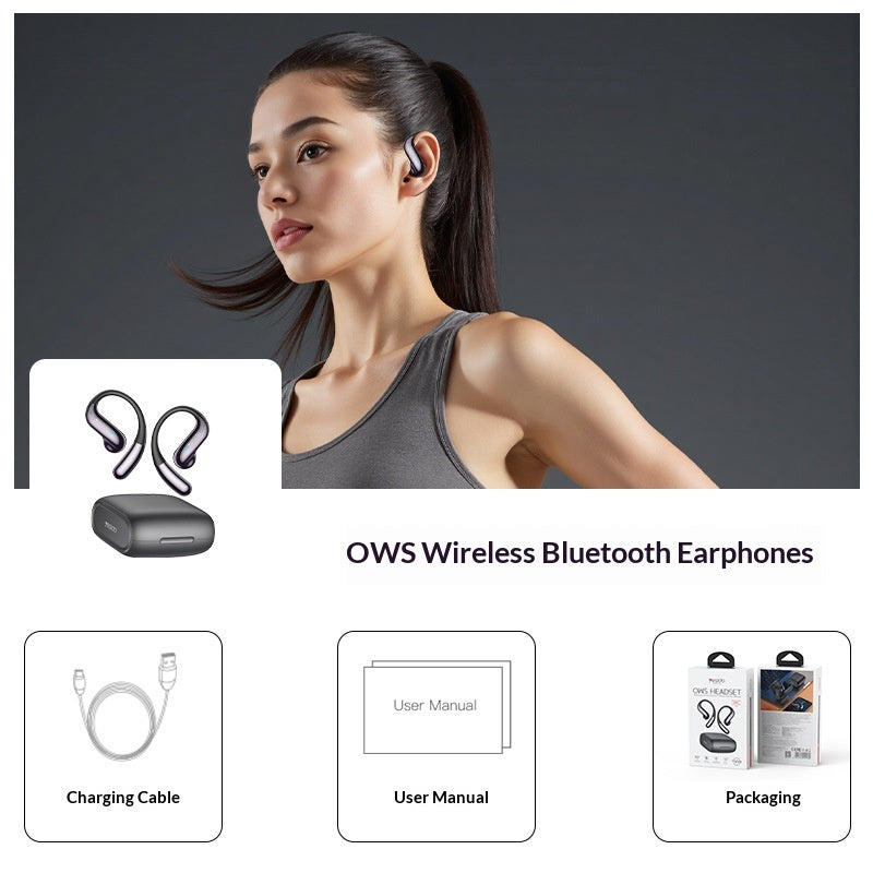 A woman wears Dropshipman Adaptive Memory Hook Bluetooth Earbuds. Below are images of the waterproof earbuds with case, charging cable, user manual, and retail packaging. Text reads: 