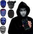 A person in a black hoodie wears the Dropshipman Face Changing Mask, controlling its digital LED face via phone. On the left, five other unique Avengers-inspired LED designs are showcased, each with distinct illuminated patterns.