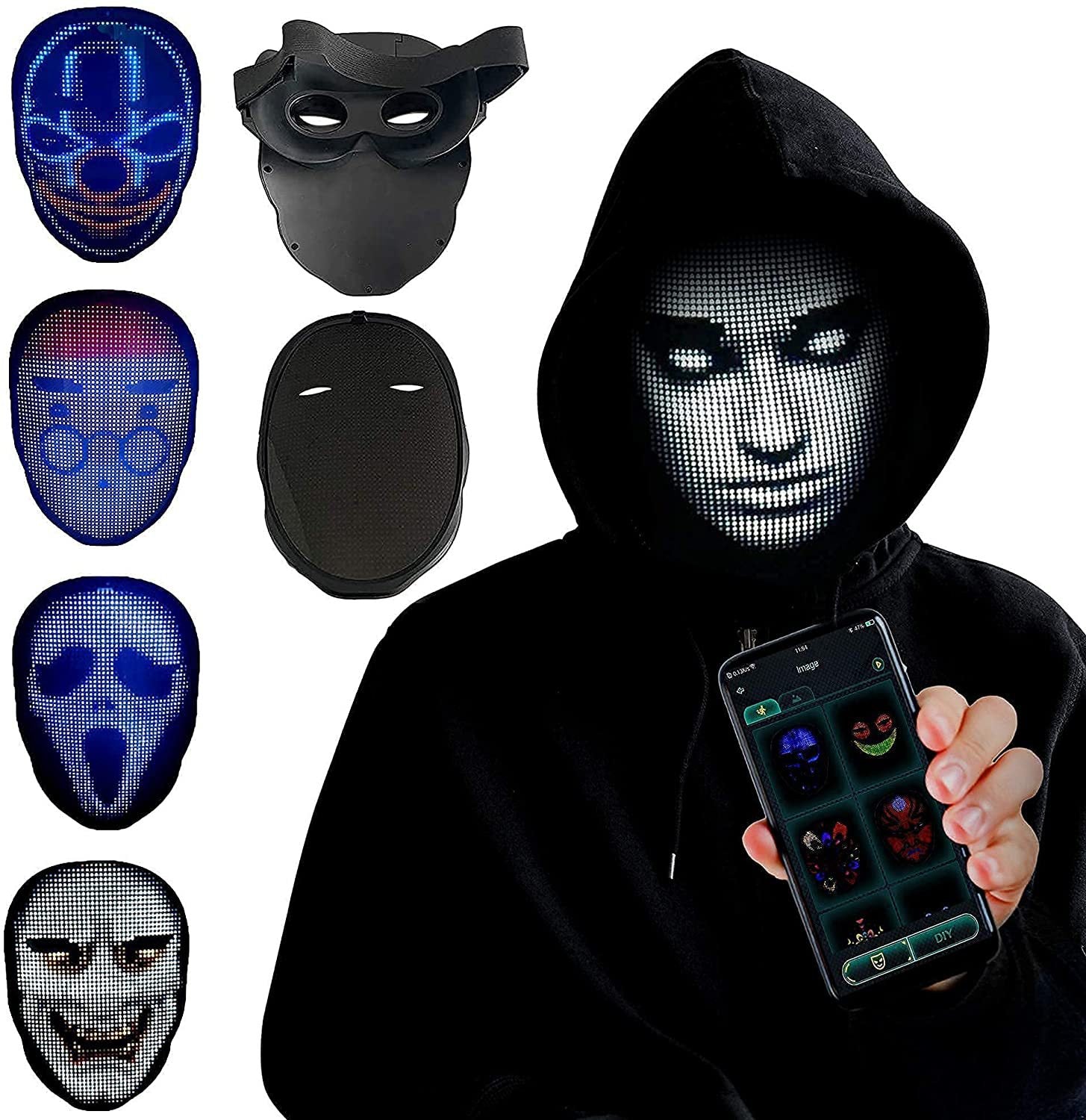 A person in a black hoodie wears the Dropshipman Face Changing Mask, controlling its digital LED face via phone. On the left, five other unique Avengers-inspired LED designs are showcased, each with distinct illuminated patterns.