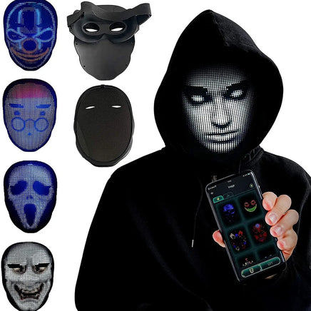 A person in a black hoodie wears the Dropshipman Face Changing Mask, controlling its digital LED face via phone. On the left, five other unique Avengers-inspired LED designs are showcased, each with distinct illuminated patterns.
