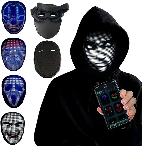 A person in a black hoodie wears the Dropshipman Face Changing Mask, controlling its digital LED face via phone. On the left, five other unique Avengers-inspired LED designs are showcased, each with distinct illuminated patterns.