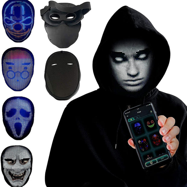A person in a black hoodie wears the Dropshipman Face Changing Mask, controlling its digital LED face via phone. On the left, five other unique Avengers-inspired LED designs are showcased, each with distinct illuminated patterns.