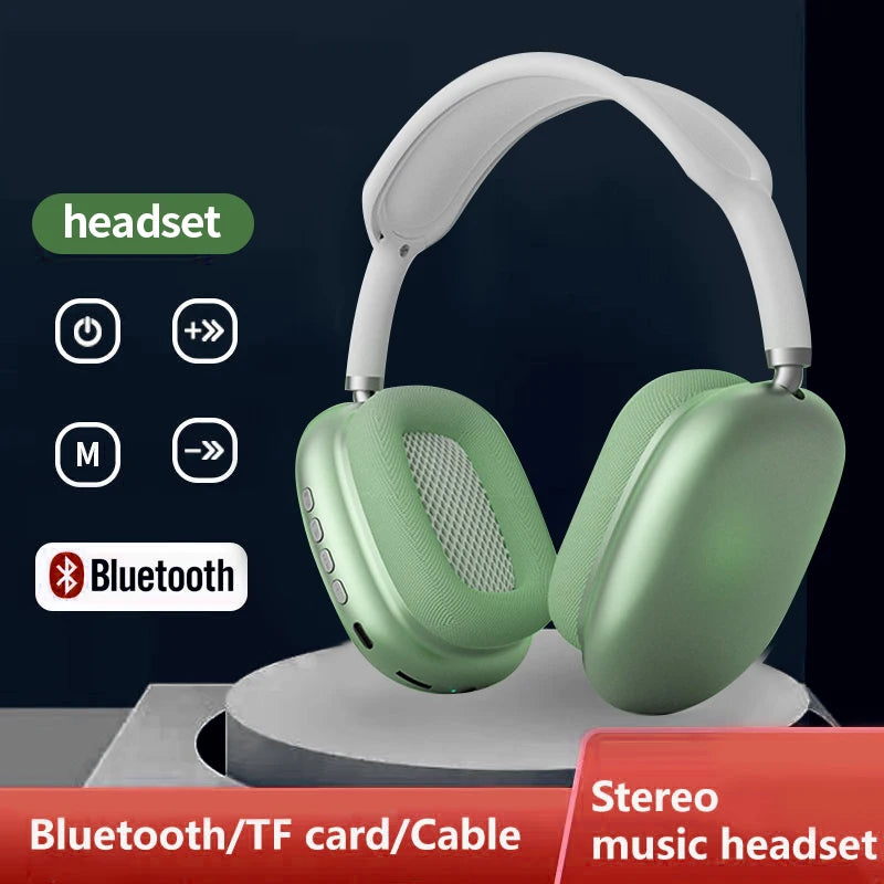 Dropshipman P9 Wireless Bluetooth Headphones in green, shown on a circular platform, offer stereo sound, noise canceling, built-in mic, Bluetooth and TF card support, cable option, and convenient side buttons for power and playback.