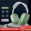 Dropshipman P9 Wireless Bluetooth Headphones in green, shown on a circular platform, offer stereo sound, noise canceling, built-in mic, Bluetooth and TF card support, cable option, and convenient side buttons for power and playback.