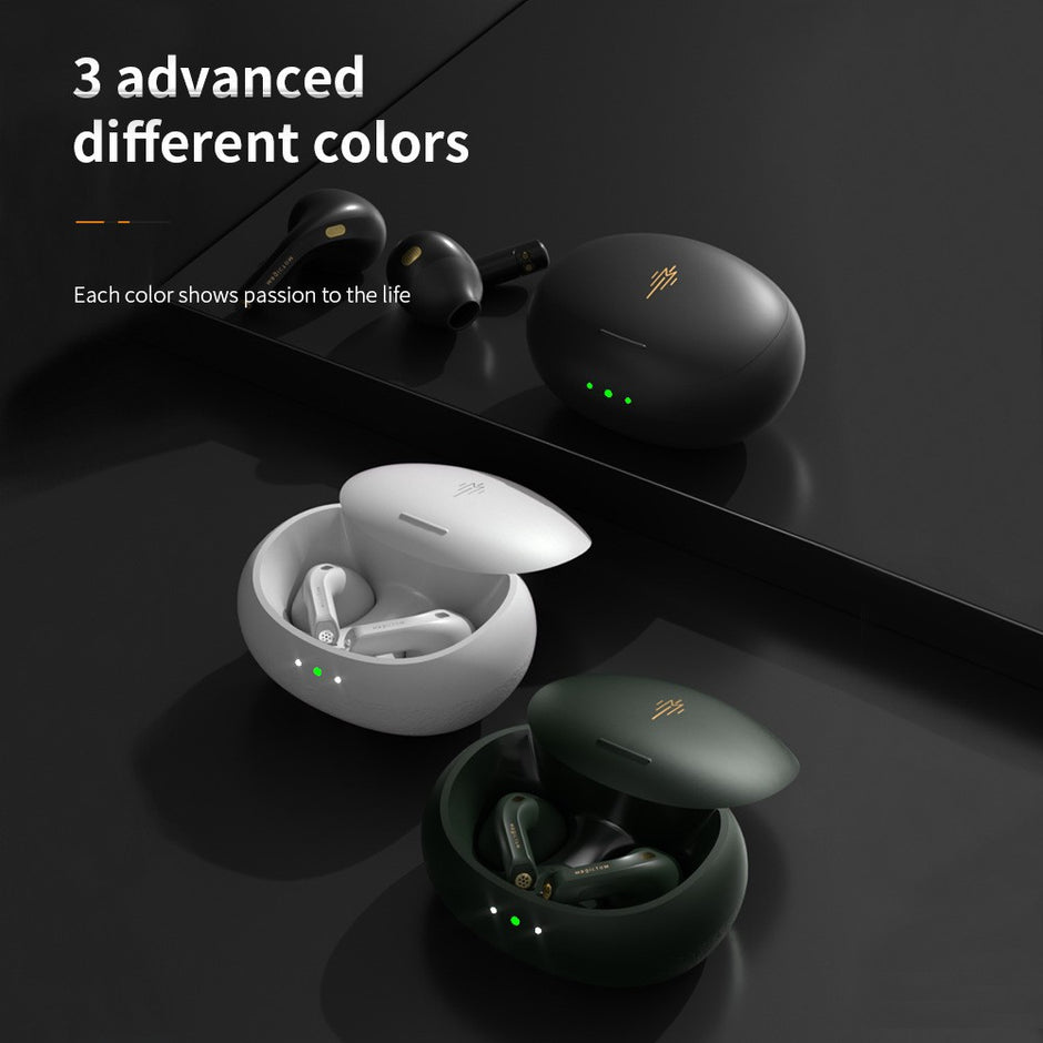 Three pairs of Dropshipman Matte Viper 5.2 Earbuds in black, white, and dark green rest in open charging cases with LED indicators. Text reads: "3 advanced different colors" and "Each color shows passion to life.