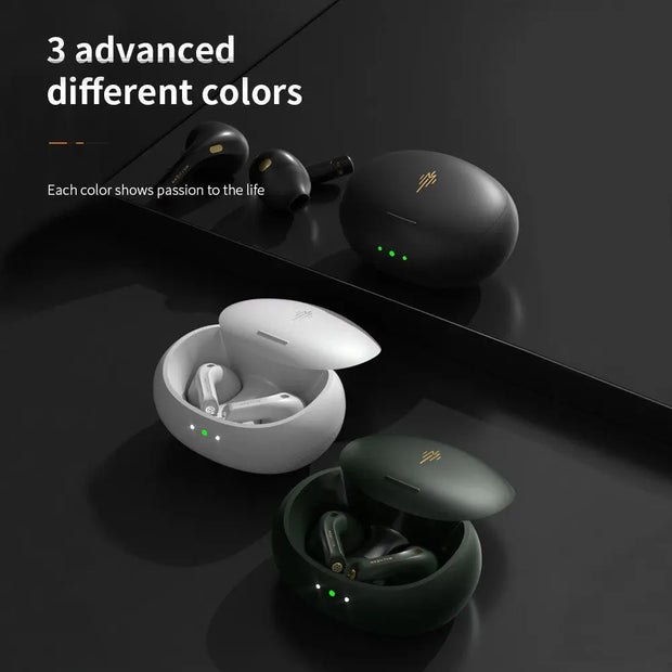 Dropshipman Half In-Ear Wireless Earbuds with ENC – BT 5.2 and 26hr battery life shown in black and white round charging cases. “Available in 3 advanced colors—each expressing passion for life.”.