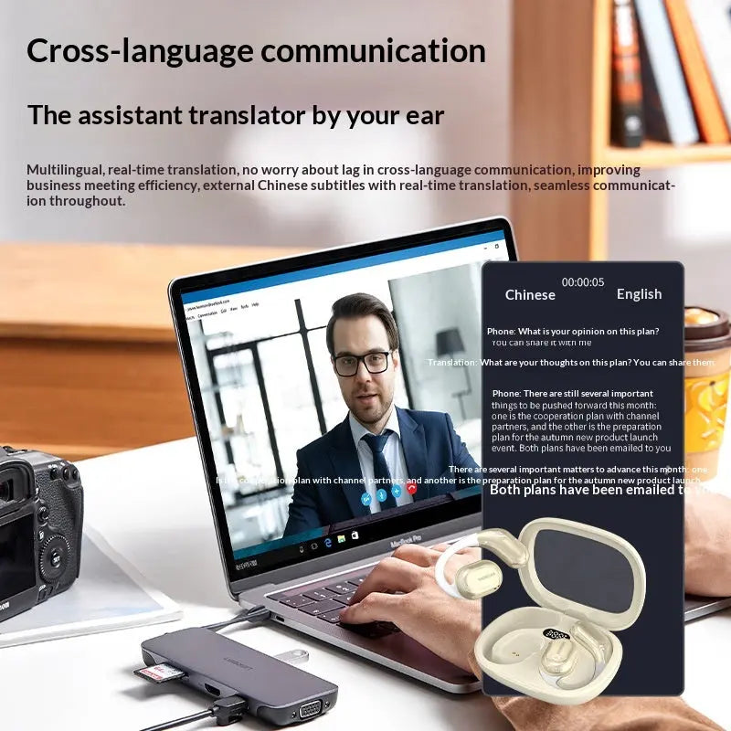 A person using a laptop while wearing Dropshipman Y16 Smart Voice Translation Earbuds, enjoying uninterrupted work with long battery life and real-time Chinese-English translation.