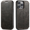 Two views of the Dropshipman Phone Case with Card Holster: the closed front highlights sleek stitching, while the back reveals camera cutouts and a circular MagSafe outline, showcasing this magnetic case’s functional, stylish protection.