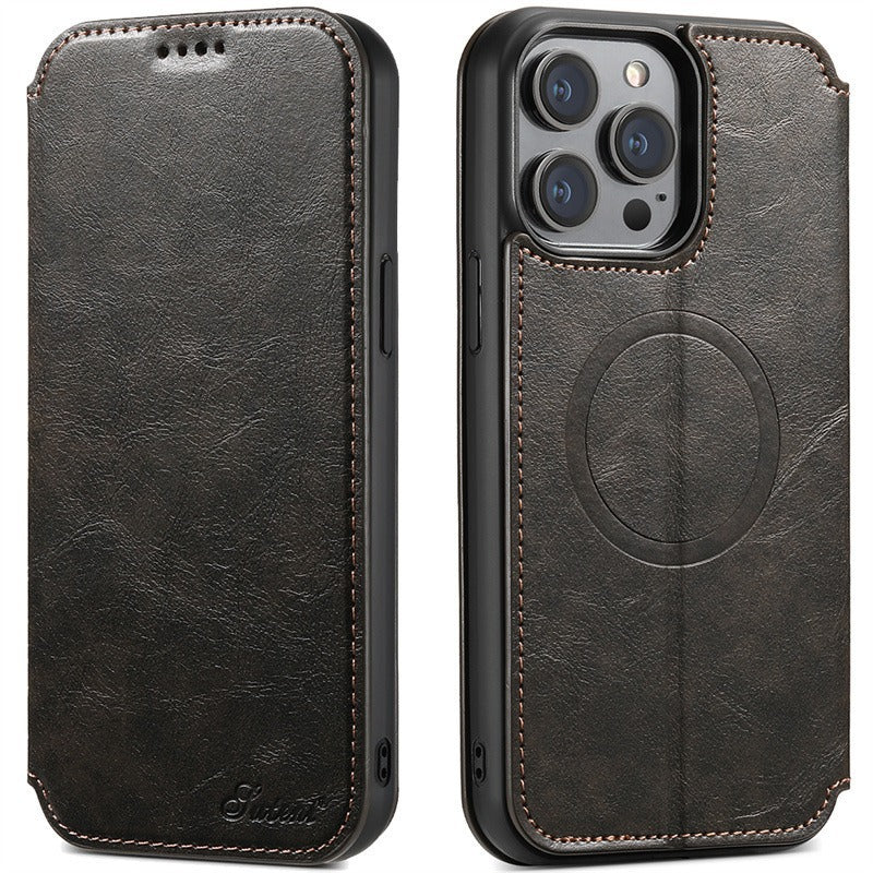 Two views of the Dropshipman Phone Case with Card Holster: the closed front highlights sleek stitching, while the back reveals camera cutouts and a circular MagSafe outline, showcasing this magnetic case’s functional, stylish protection.