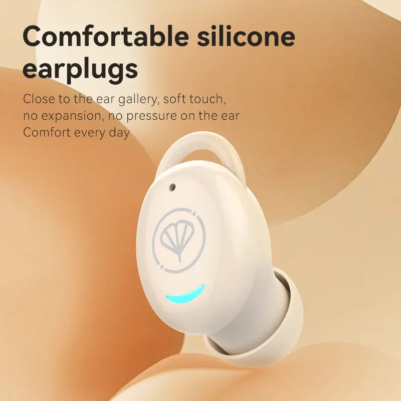 The Dropshipman YX12 Earbuds Single Ear In-Ear Mini Wireless Headphone is shown in cream with a blue accent and diamond logo on a soft beige background. Text above emphasizes its comfort and pressure-free fit.