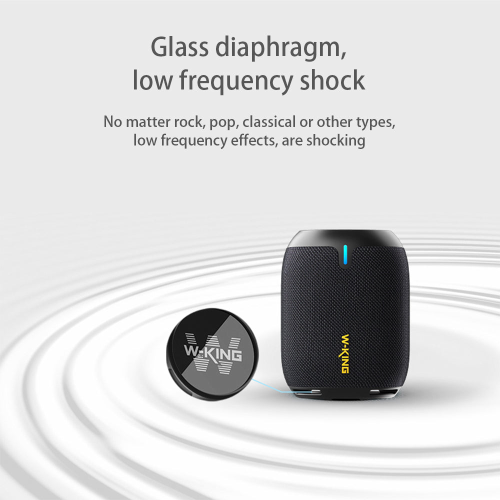 Image of a sleek black 15W Mobile Wireless Bluetooth Speaker by HeadphoneHeat. The background has a ripple effect, while the text emphasizes its glass diaphragm for high-quality sound and 
