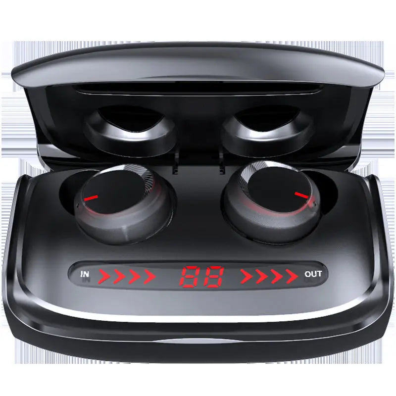 A pair of FLIPSTYLEZLLC T11 Wireless Bluetooth Headset 5.0 Earbuds with red accents rest in an open black charging case, featuring a digital display and arrow indicators labeled "IN" and "OUT" on the front.
