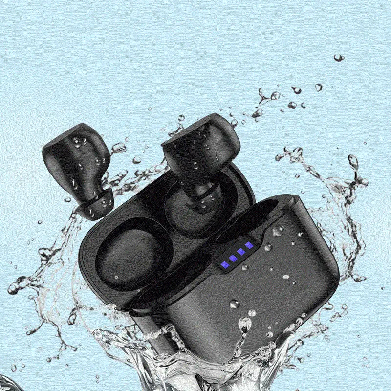 FLIPSTYLEZLLC Subwoofer Class 7 Waterproof True Wireless Earbuds In-Ear TWS Bluetooth Headphones are shown in an open case with four blue LED lights, surrounded by splashing water on a light blue background, highlighting stereo sound and multi-point connection.