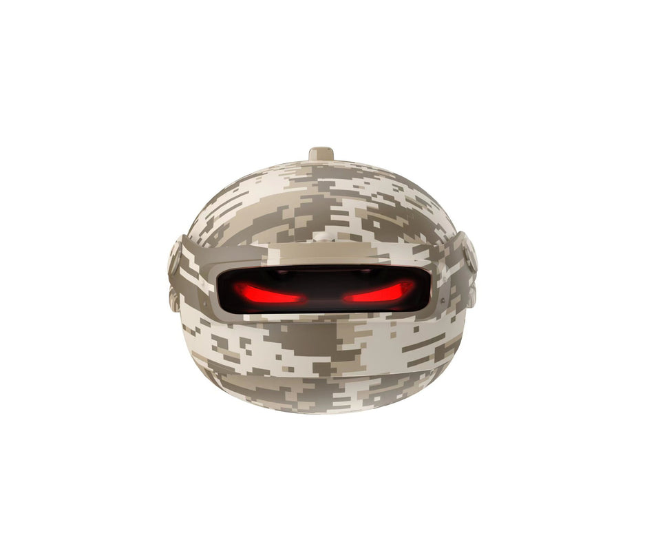 The Fortipod Earbuds by Dropshipman feature a tan digital camouflage design with a black visor and glowing red center, giving them a futuristic, robotic look inspired by high-tech gaming headsets.