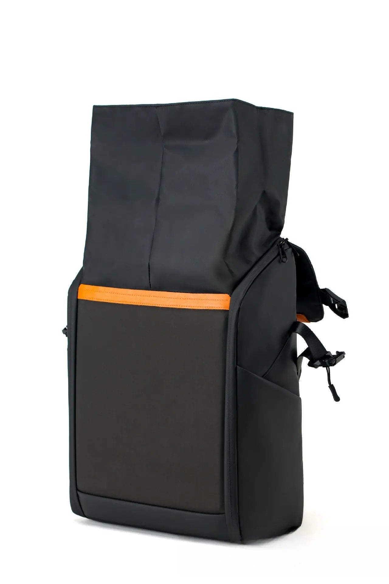 The Dropshipman Bluetooth Projection Backpack is a unisex black outdoor sports bag with a roomy main compartment, orange-accented front pocket zipper, and side pockets, shown against a white background.