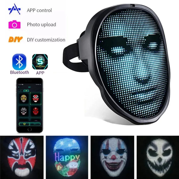 The Dropshipman Face Changing Mask features app control, photo upload, Bluetooth, and DIY customization. Ideal as a light up mask for superhero cosplay or Avengers costumes—try the red mask, clown face, or sinister smiley!.