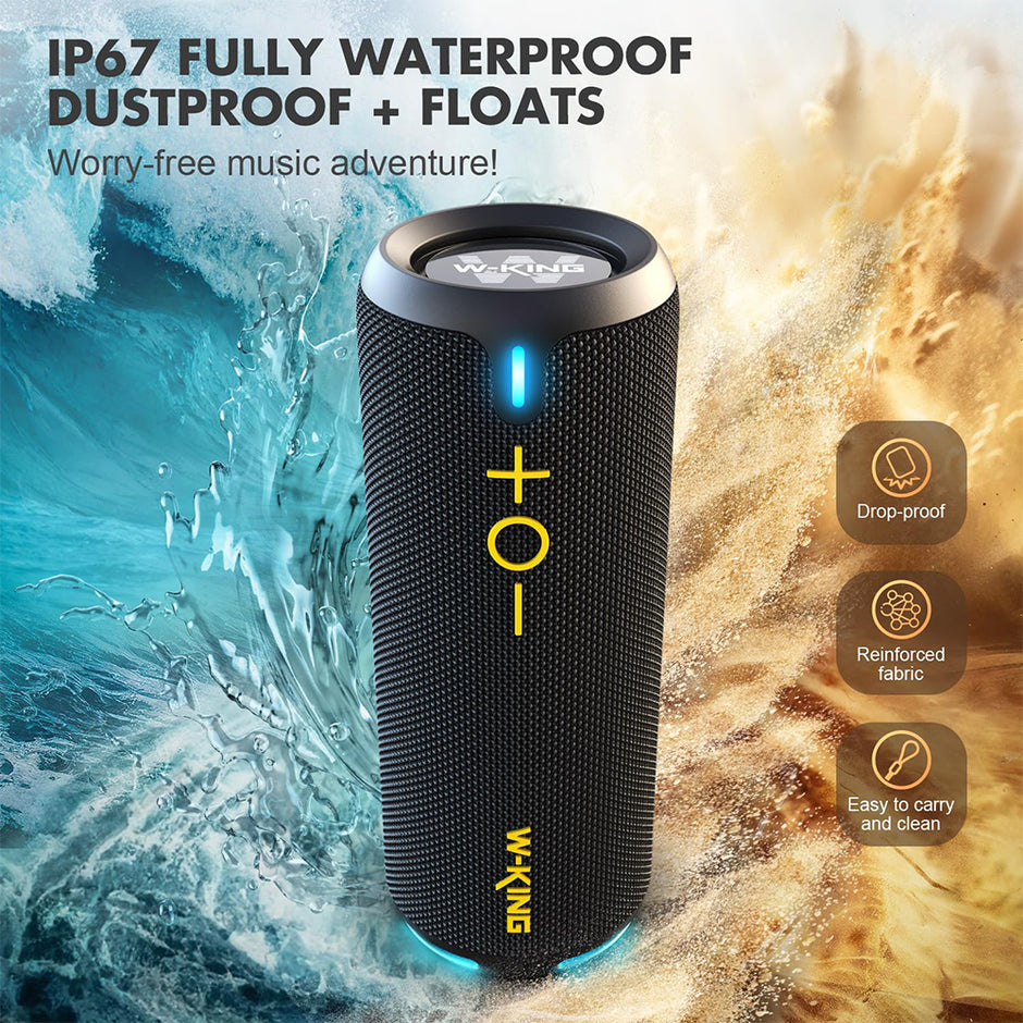 The HeadphoneHeat Hi-Fi Wireless Bluetooth Stereo is IP67 waterproof, dustproof, floats, and drop-proof. It features reinforced fabric and easy USB charging. The black mesh speaker has yellow "+" and "-" buttons and provides immersive surround stereo sound.