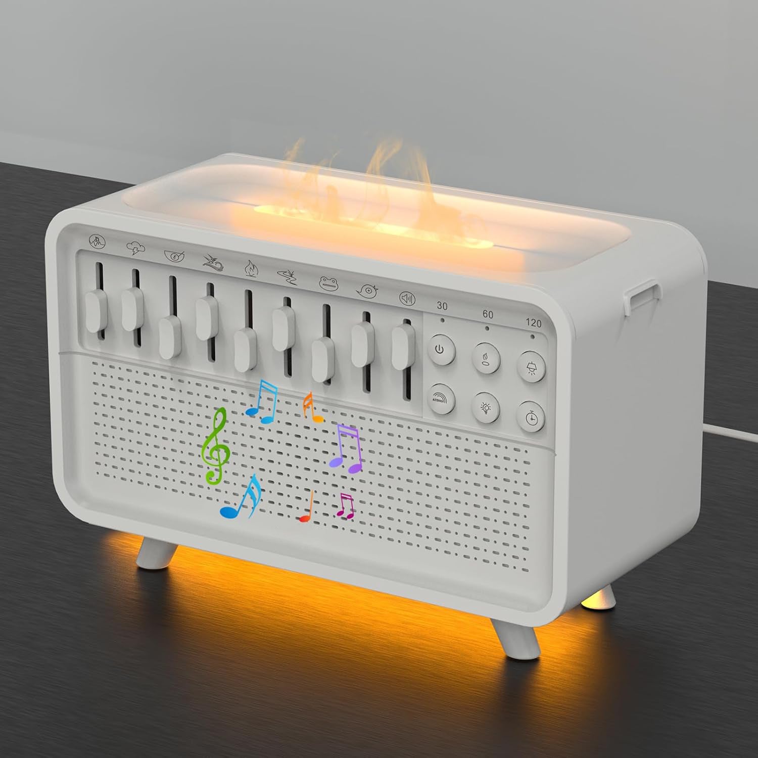 The Dropshipman 3 In 1 Bluetooth Speaker White Noise Speaker is a white retro-style device with sliding controls, colorful music notes on the front, a flame-simulating lighted top, and an orange-glowing base on a dark surface.