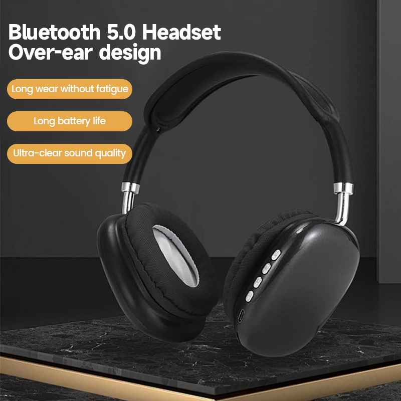 The Dropshipman P9 Wireless Bluetooth Headphones in black, featuring Bluetooth 5.0 and a built-in microphone, are shown on a dark surface. Highlights: long wear without fatigue, long battery life, and ultra-clear sound quality.