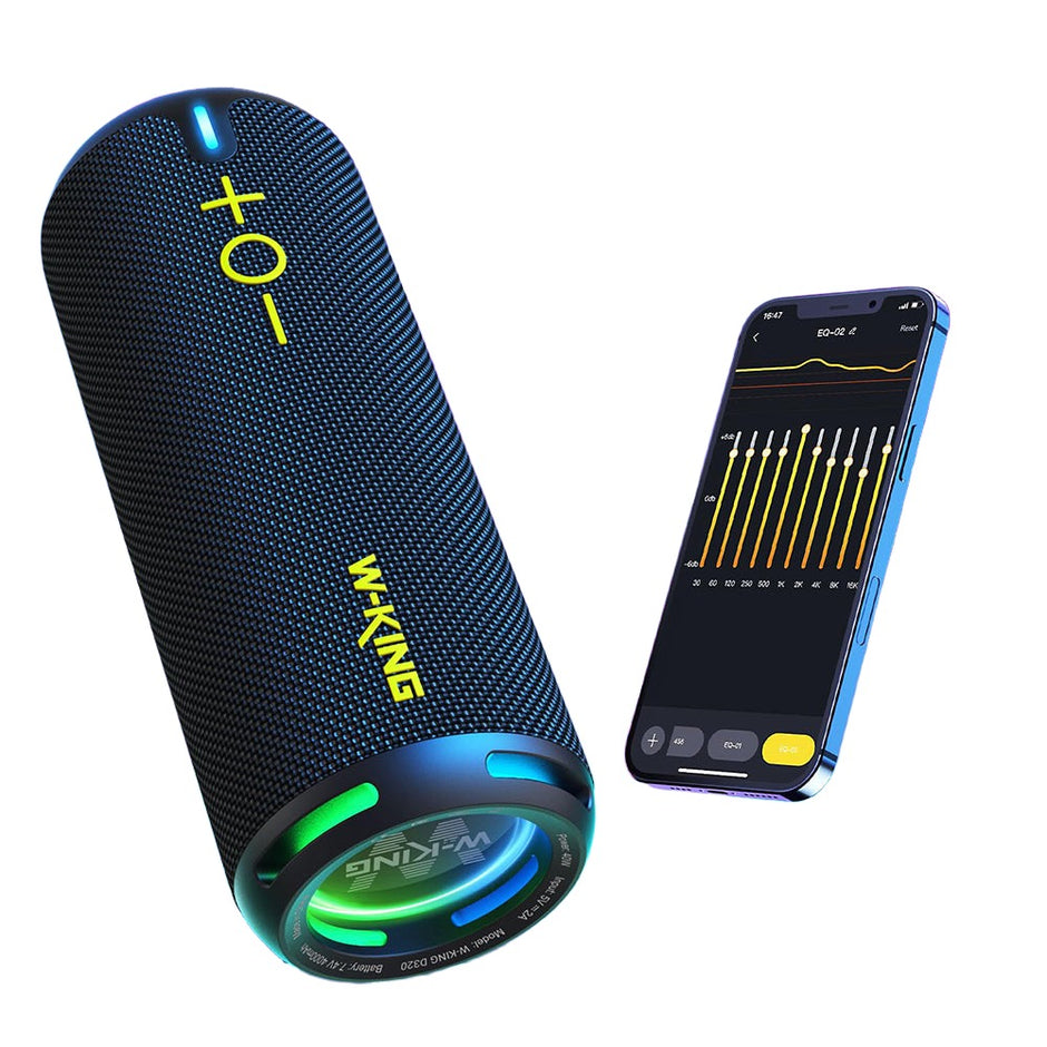 The HeadphoneHeat Hi-Fi Wireless Bluetooth Stereo speaker, featuring LED plus signs and a textured surface, pairs effortlessly with a smartphone's audio equalizer app and offers immersive surround sound along with convenient USB charging for uninterrupted use.