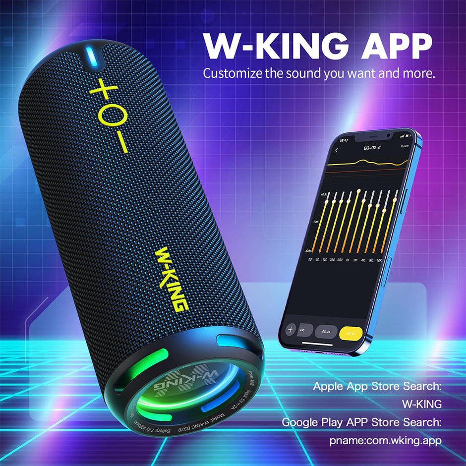 A HeadphoneHeat Hi-Fi Wireless Bluetooth Stereo speaker with glowing accents and logo is displayed next to a smartphone featuring an equalizer app. It provides immersive surround sound, USB charging, and supports the W-KING app for sound customization on Apple and Google Play against a blue digital grid backdrop.