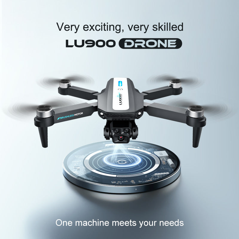 A black Dropshipman LU900Dron Drone hovers over a futuristic digital platform with spinning propellers. The text reads, “Very exciting, very skilled LU900Dron Drone” and “One machine meets your needs.”.