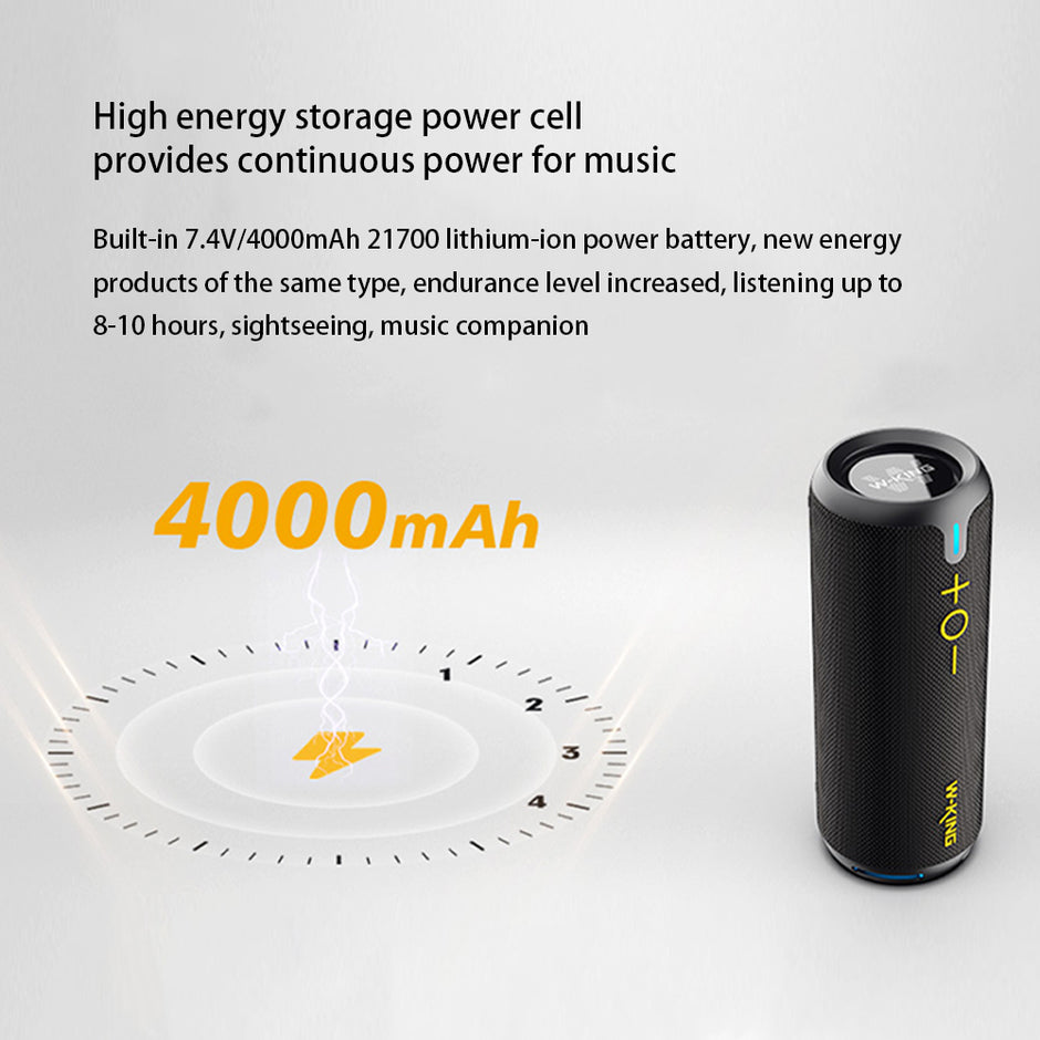 The HeadphoneHeat DSP Wireless Bluetooth Speaker showcases a sleek black cylindrical design with yellow text and symbols. It features a long-lasting 4000mAh lithium-ion battery for 8-10 hours of playtime, and is both dust-proof and waterproof, making it perfect for any adventure.