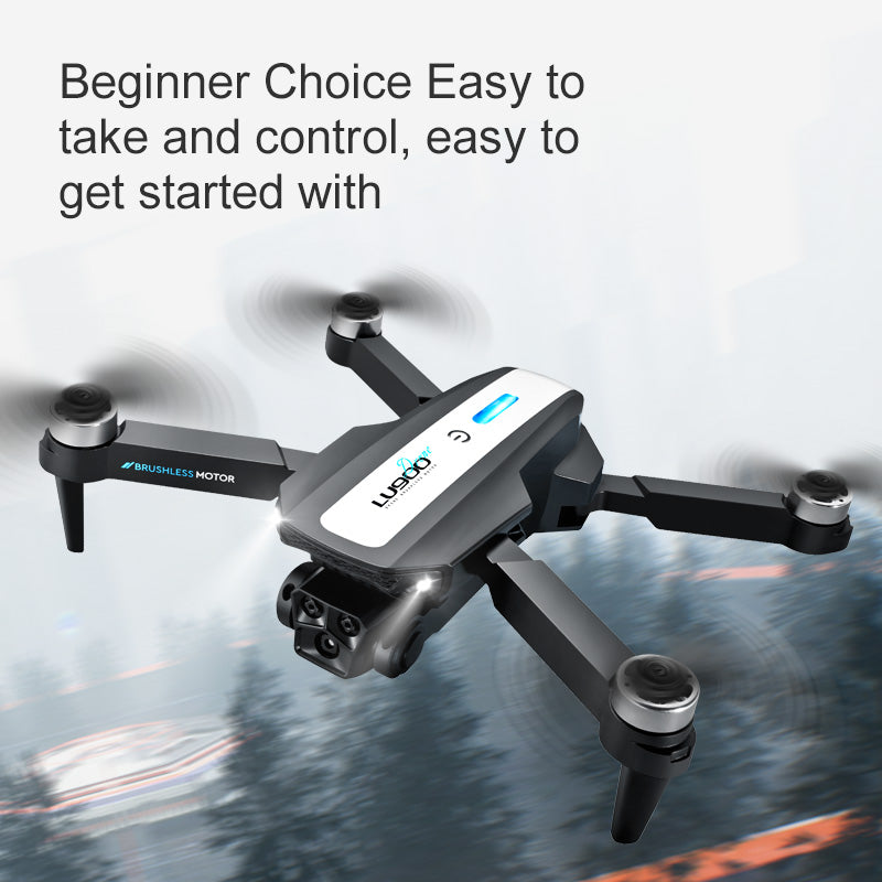 The Dropshipman LU900Dron Drone, a black and gray foldable quadcopter, soars above a blurred forest with the text: “Beginner Choice—Easy to take and control, easy to get started with.”.
