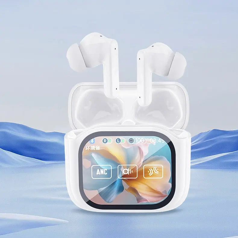 Dropshipman Wireless Bluetooth Headphones With Ultra-Long Standby rest in an open charging case featuring a digital display with colorful icons, set against a background of soft blue and white abstract waves.