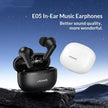 Black and white Dropshipman Short-stemmed Wireless Bluetooth Earbuds with charging cases rest on a rock beneath a starry sky. Text: 
